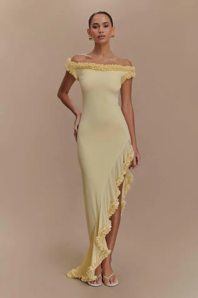 Women Meshki Dresses Arielle Off Shoulder Ruffle Midi Dress 8211 Pastel Lemon