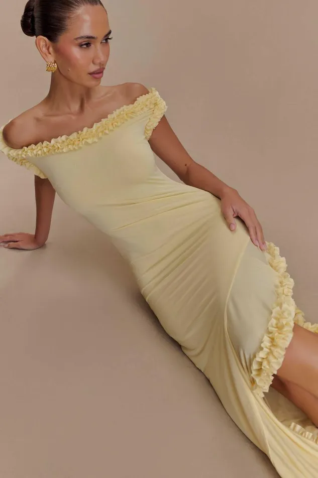 Women Meshki Dresses Arielle Off Shoulder Ruffle Midi Dress 8211 Pastel Lemon