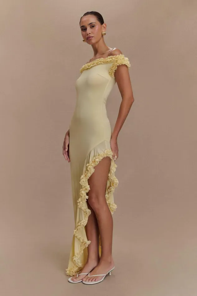 Women Meshki Dresses Arielle Off Shoulder Ruffle Midi Dress 8211 Pastel Lemon