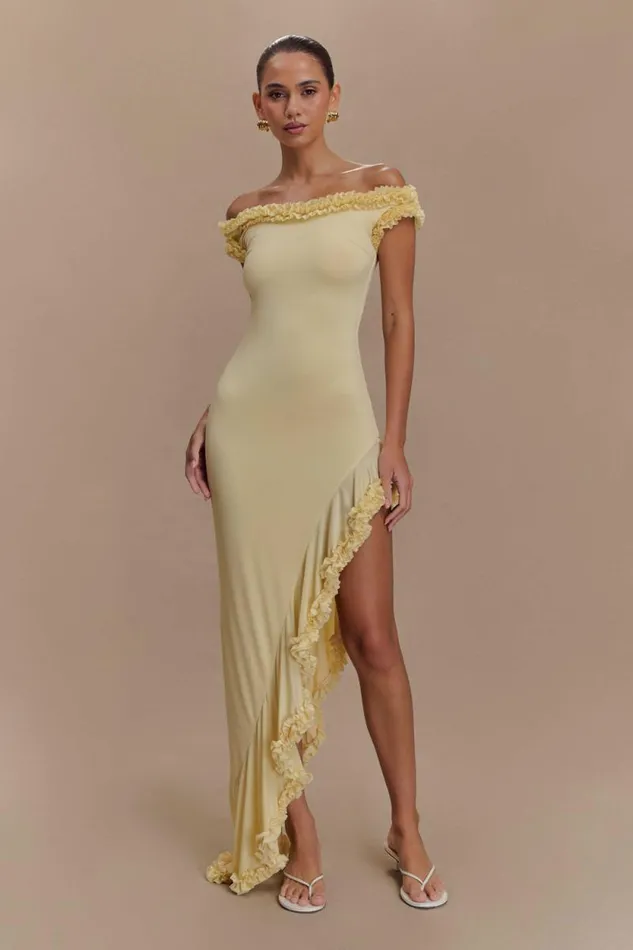 Women Meshki Dresses Arielle Off Shoulder Ruffle Midi Dress 8211 Pastel Lemon