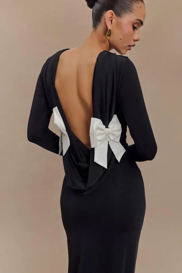 Women Meshki Dresses Bennett Slinky Long Sleeve Maxi Dress 8211 BlackWhite
