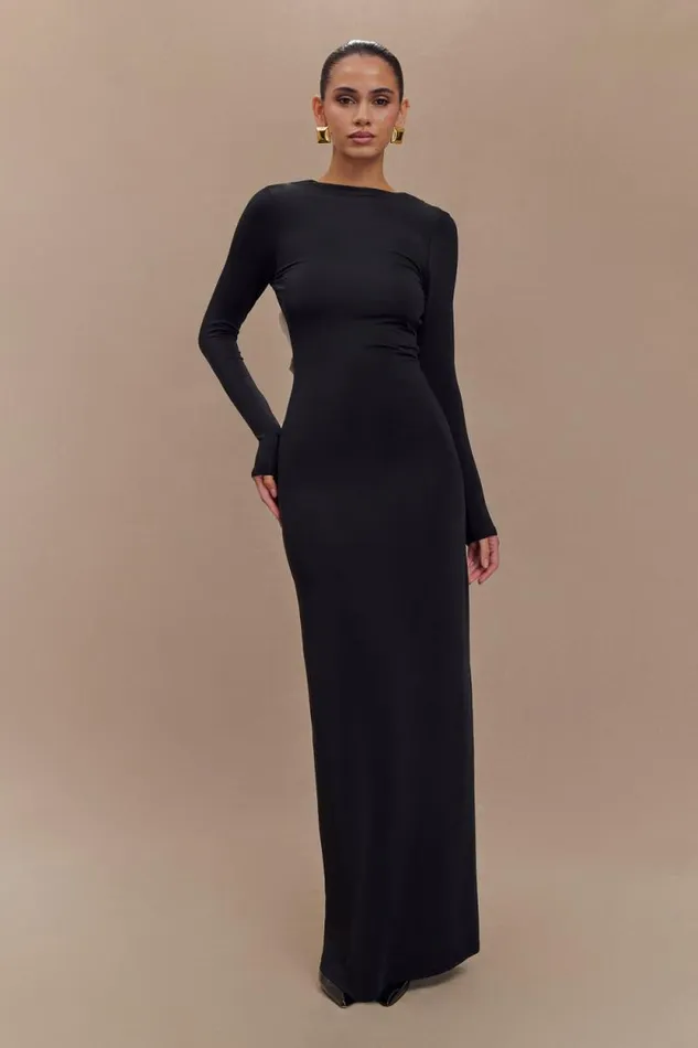 Women Meshki Dresses Bennett Slinky Long Sleeve Maxi Dress 8211 BlackWhite