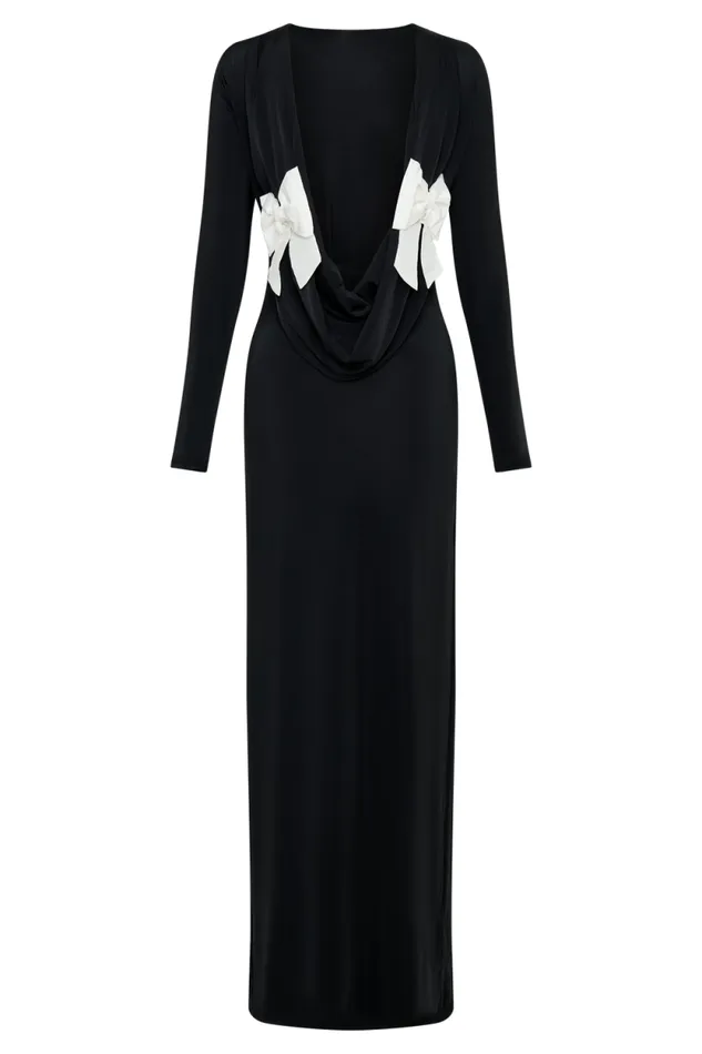Women Meshki Dresses Bennett Slinky Long Sleeve Maxi Dress 8211 BlackWhite