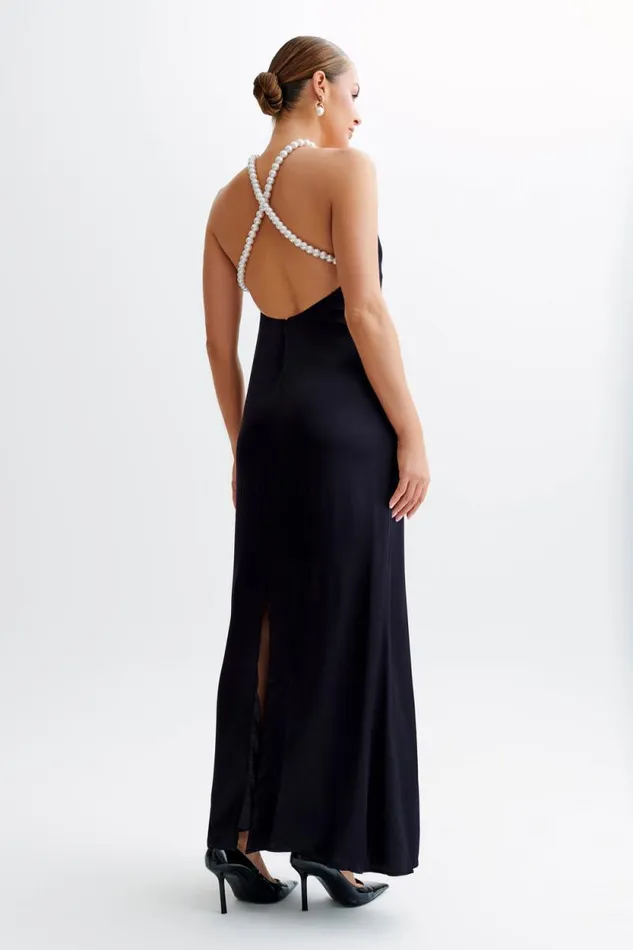 Women Meshki Dresses Blanche Satin Pearl Halter Maxi Dress 8211 Black