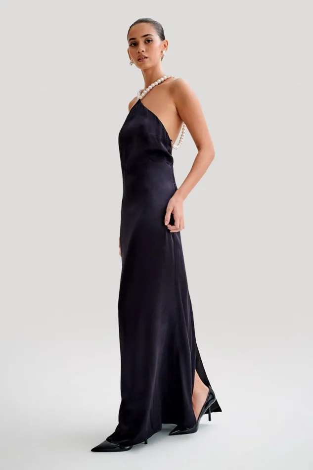 Women Meshki Dresses Blanche Satin Pearl Halter Maxi Dress 8211 Black