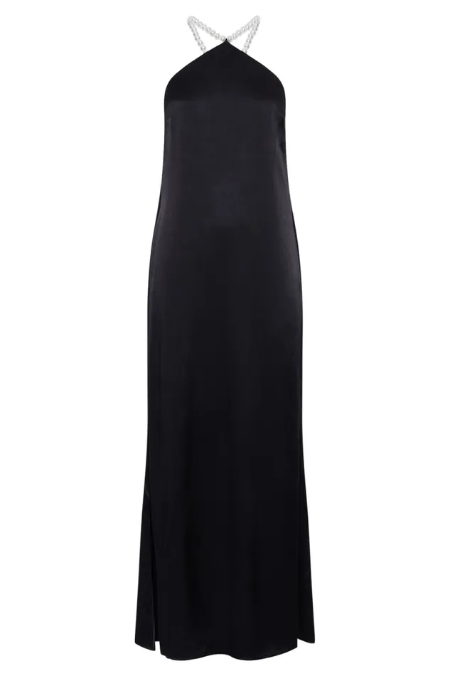Women Meshki Dresses Blanche Satin Pearl Halter Maxi Dress 8211 Black