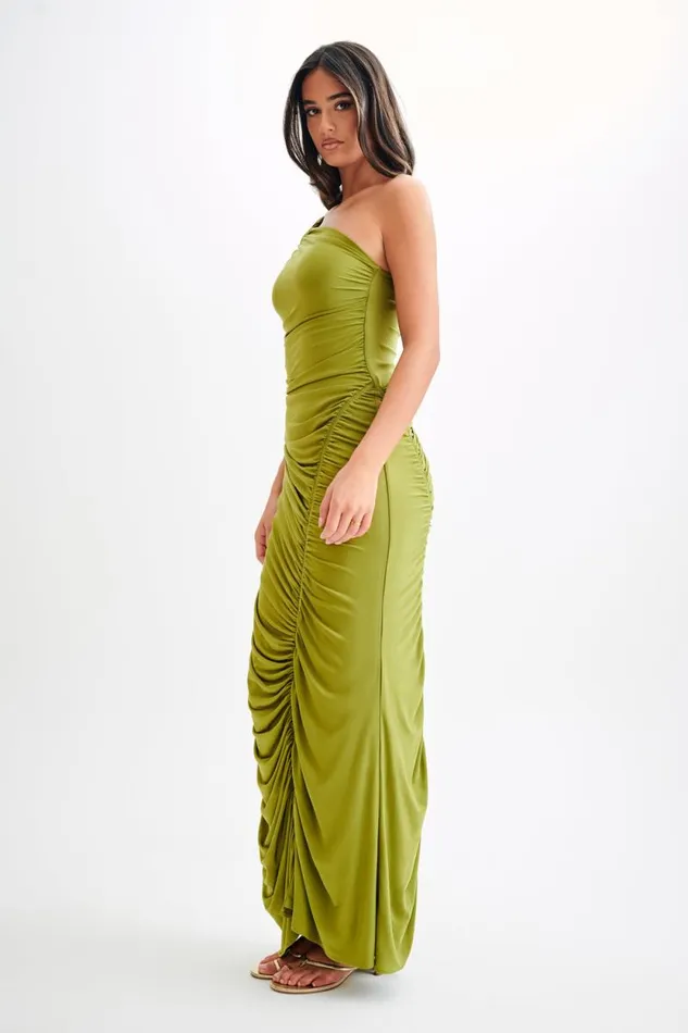 Women Meshki Dresses Capri Gathered Slinky Maxi Dress 8211 Vintage Olive