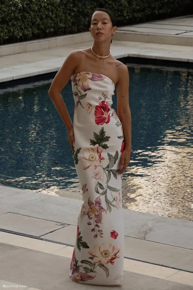 Women Meshki Dresses Claudette Strapless Satin Maxi Dress 8211 Bella Rosa Print