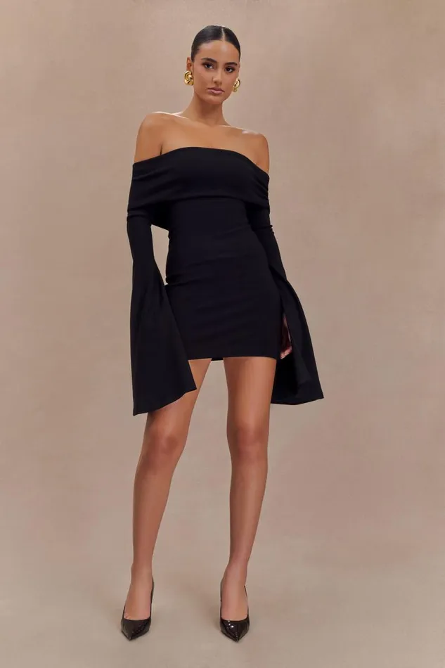 Women Meshki Dresses Dominique Off Shoulder Long Sleeve Mini Dress 8211 Black