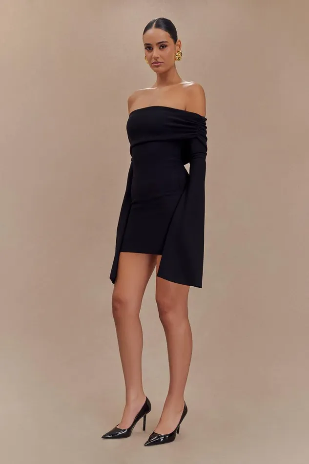 Women Meshki Dresses Dominique Off Shoulder Long Sleeve Mini Dress 8211 Black
