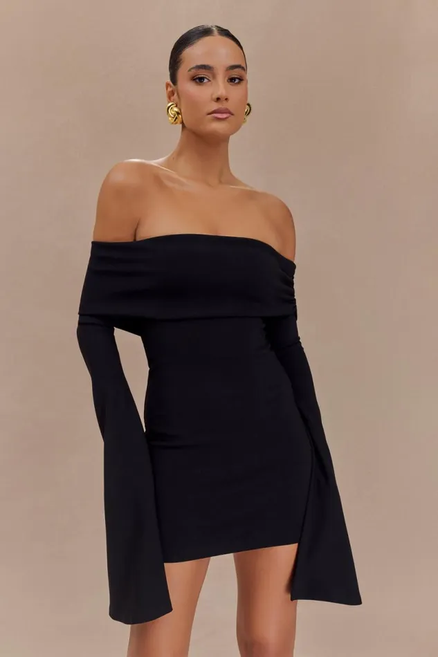 Women Meshki Dresses Dominique Off Shoulder Long Sleeve Mini Dress 8211 Black