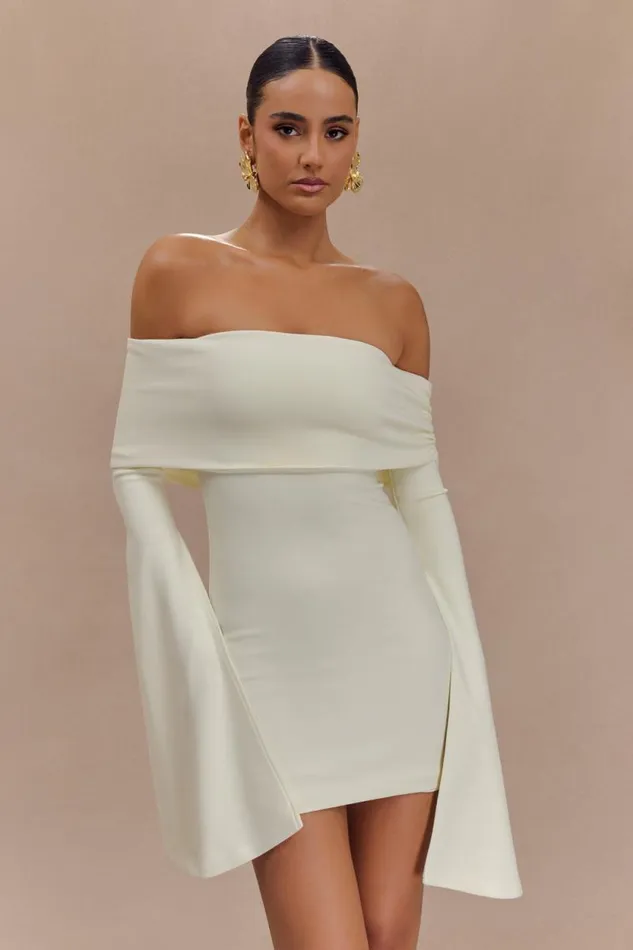 Women Meshki Dresses Dominique Off Shoulder Long Sleeve Mini Dress 8211 Ivory