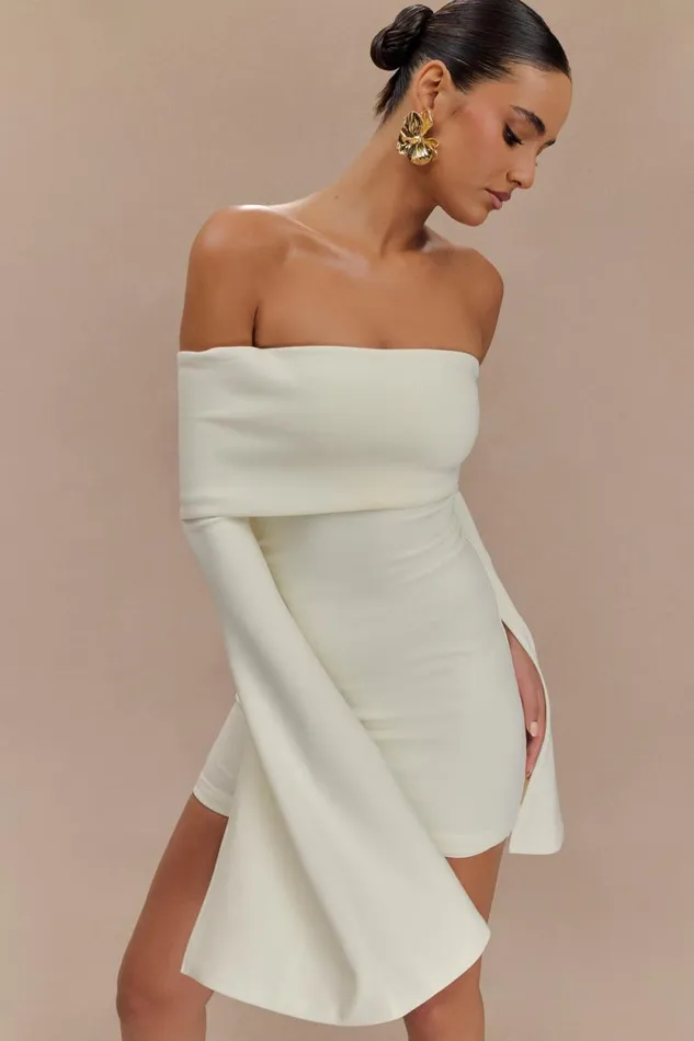 Women Meshki Dresses Dominique Off Shoulder Long Sleeve Mini Dress 8211 Ivory