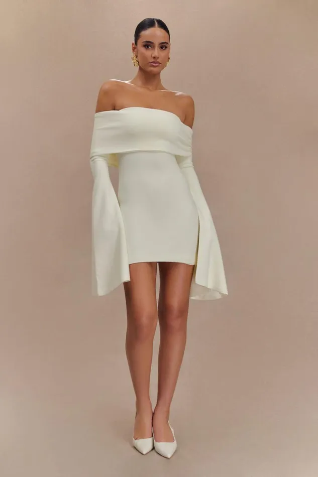 Women Meshki Dresses Dominique Off Shoulder Long Sleeve Mini Dress 8211 Ivory