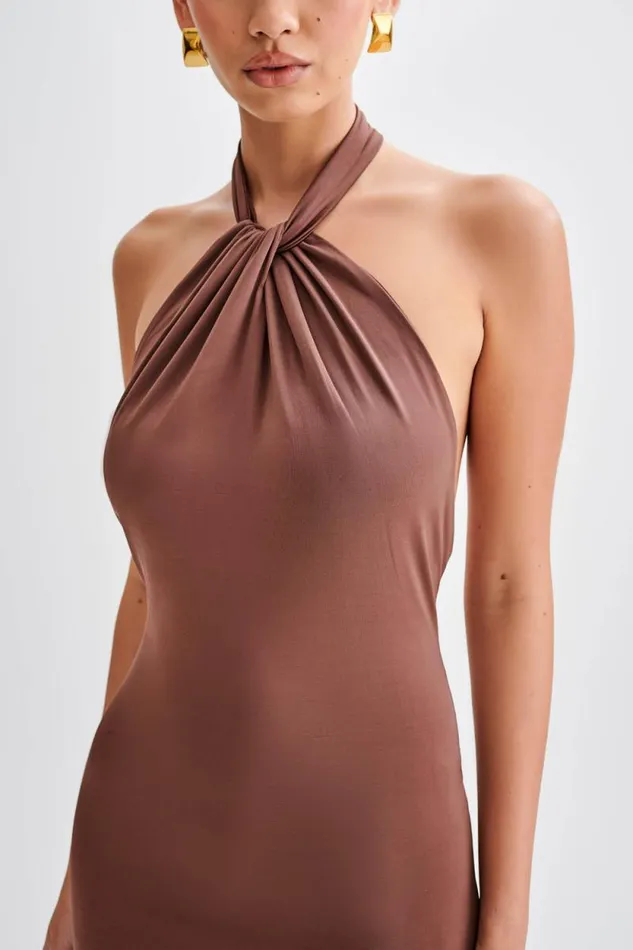 Women Meshki Dresses Elyna Slinky Halter Maxi Dress 8211 Chocolate