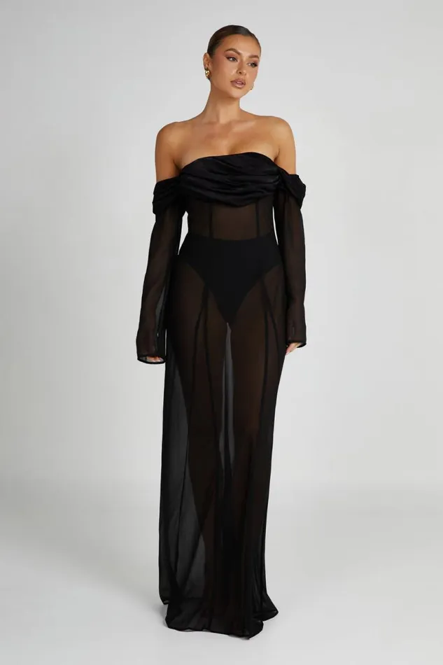 Women Meshki Dresses Ivanna Off Shoulder Chiffon Maxi Dress 8211 Black