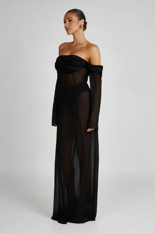 Women Meshki Dresses Ivanna Off Shoulder Chiffon Maxi Dress 8211 Black
