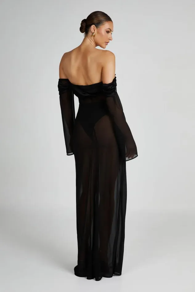 Women Meshki Dresses Ivanna Off Shoulder Chiffon Maxi Dress 8211 Black