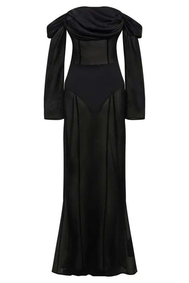Women Meshki Dresses Ivanna Off Shoulder Chiffon Maxi Dress 8211 Black