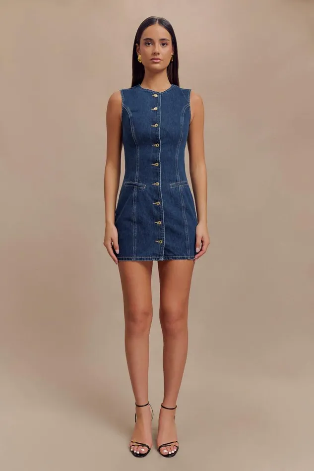 Women Meshki Dresses Jane Button Down Denim Mini Dress 8211 Dark Blue