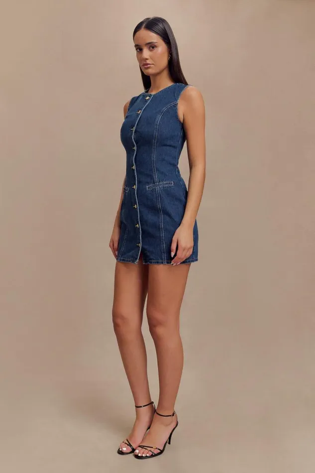 Women Meshki Dresses Jane Button Down Denim Mini Dress 8211 Dark Blue