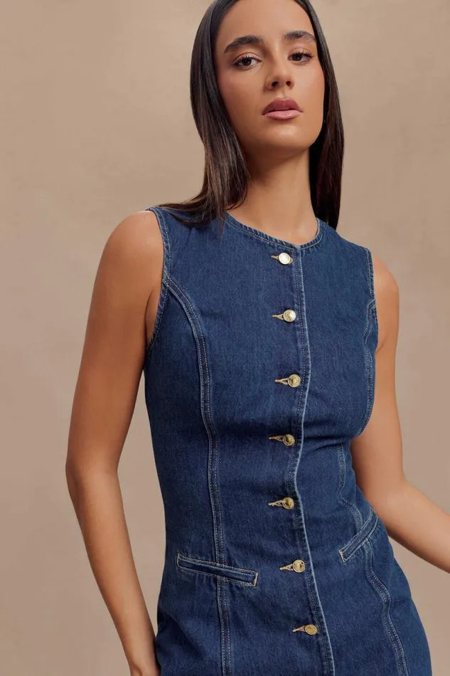 Women Meshki Dresses Jane Button Down Denim Mini Dress 8211 Dark Blue