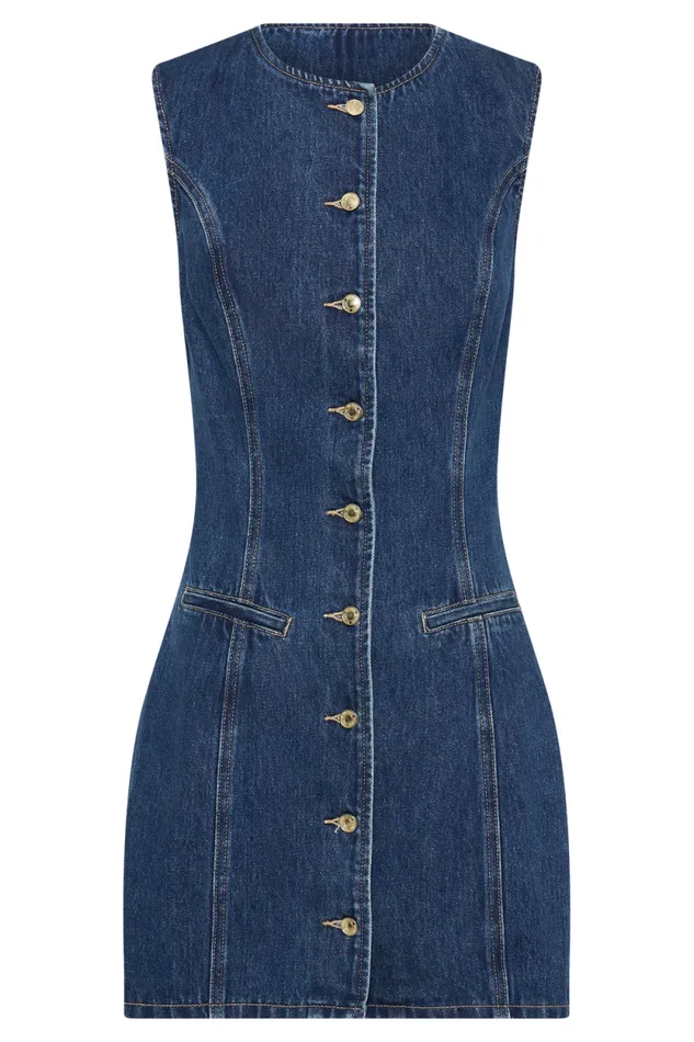 Women Meshki Dresses Jane Button Down Denim Mini Dress 8211 Dark Blue