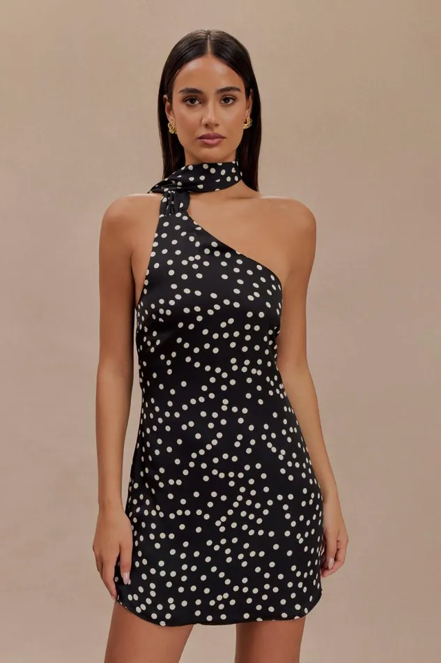 Women Meshki Dresses Joan Satin Asymmetrical Mini Dress 8211 Black Polka Dot Print