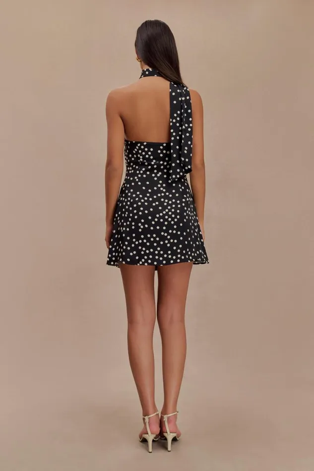 Women Meshki Dresses Joan Satin Asymmetrical Mini Dress 8211 Black Polka Dot Print