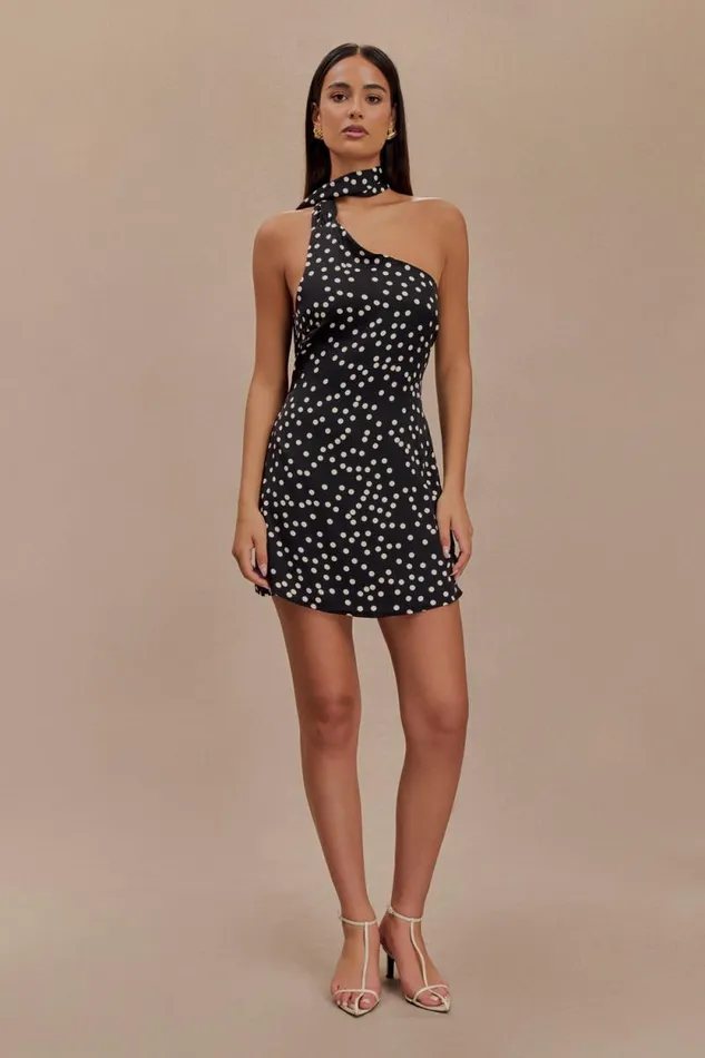 Women Meshki Dresses Joan Satin Asymmetrical Mini Dress 8211 Black Polka Dot Print