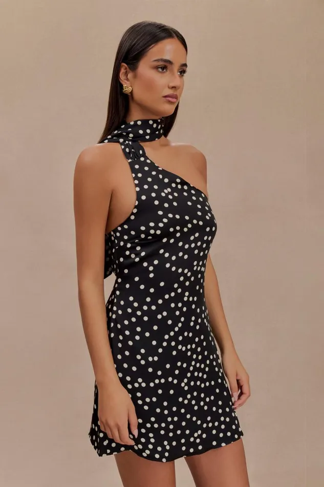 Women Meshki Dresses Joan Satin Asymmetrical Mini Dress 8211 Black Polka Dot Print