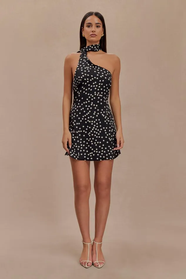 Women Meshki Dresses Joan Satin Asymmetrical Mini Dress 8211 Black Polka Dot Print