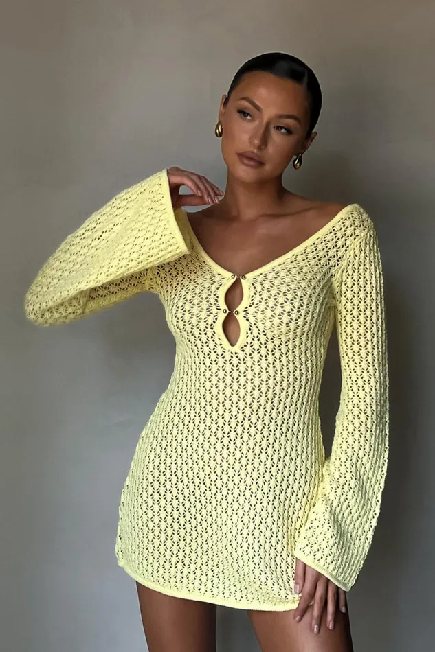 Women Meshki Dresses Kayleigh Crochet Knit Mini Dress 8211 Lemon