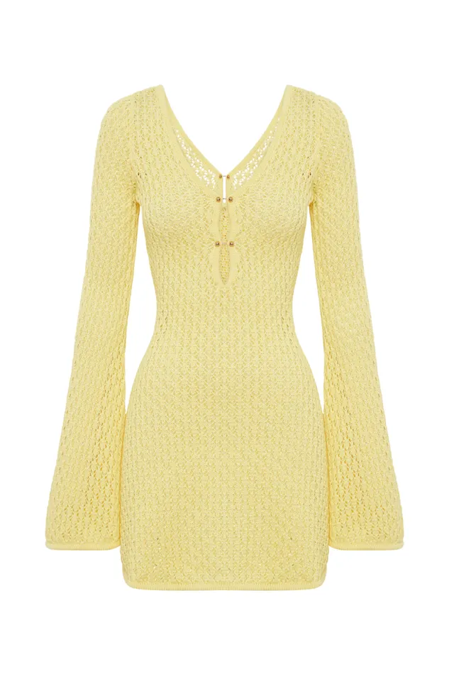 Women Meshki Dresses Kayleigh Crochet Knit Mini Dress 8211 Lemon