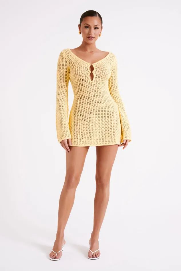 Women Meshki Dresses Kayleigh Crochet Knit Mini Dress 8211 Lemon