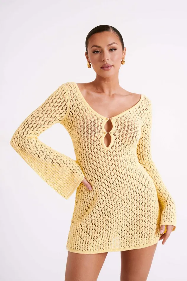 Women Meshki Dresses Kayleigh Crochet Knit Mini Dress 8211 Lemon