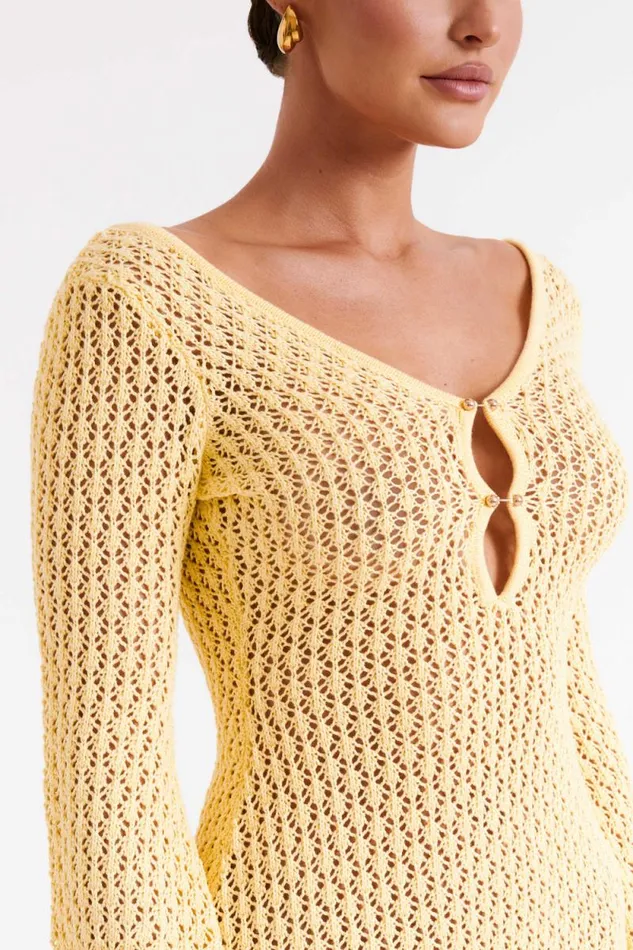 Women Meshki Dresses Kayleigh Crochet Knit Mini Dress 8211 Lemon