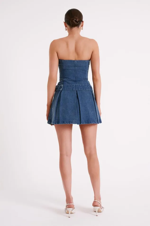 Women Meshki Dresses Lee Denim Pleated Mini Dress 8211 Dark Blue