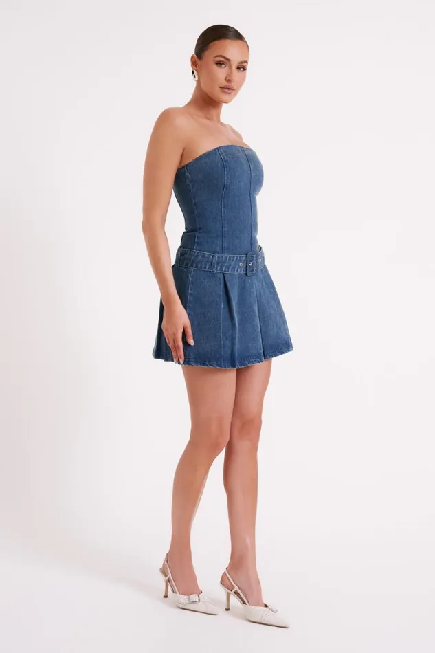 Women Meshki Dresses Lee Denim Pleated Mini Dress 8211 Dark Blue
