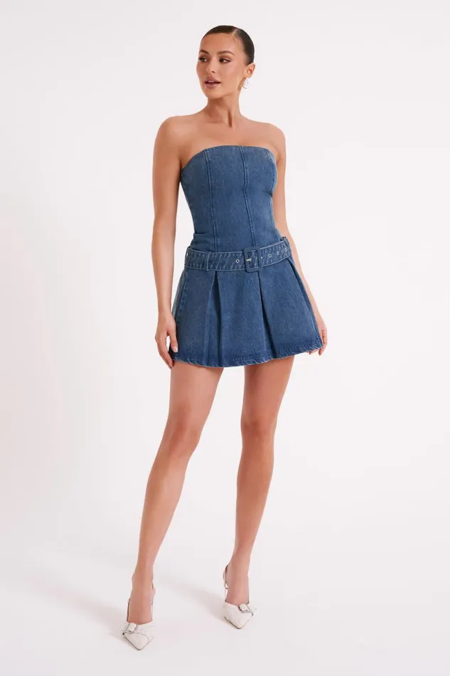 Women Meshki Dresses Lee Denim Pleated Mini Dress 8211 Dark Blue