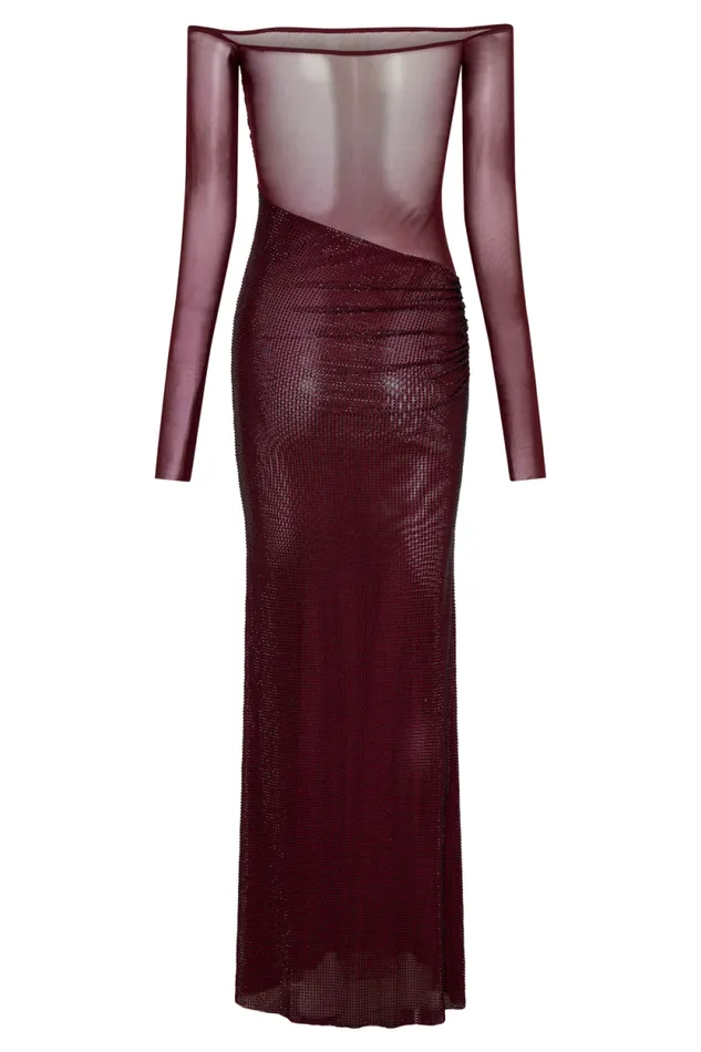 Women Meshki Dresses Nash Diamante Off Shoulder Maxi Dress 8211 Mahogany