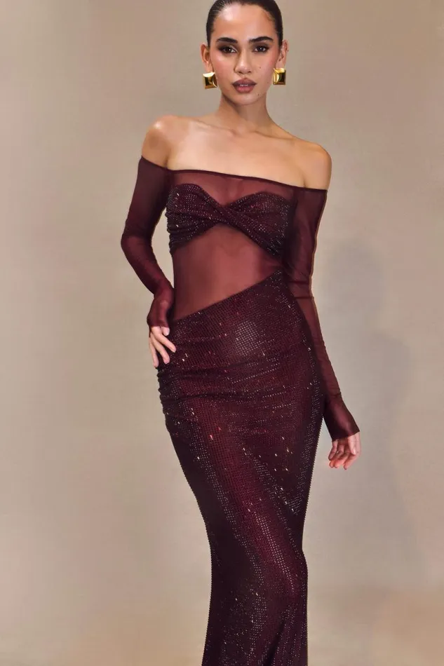 Women Meshki Dresses Nash Diamante Off Shoulder Maxi Dress 8211 Mahogany