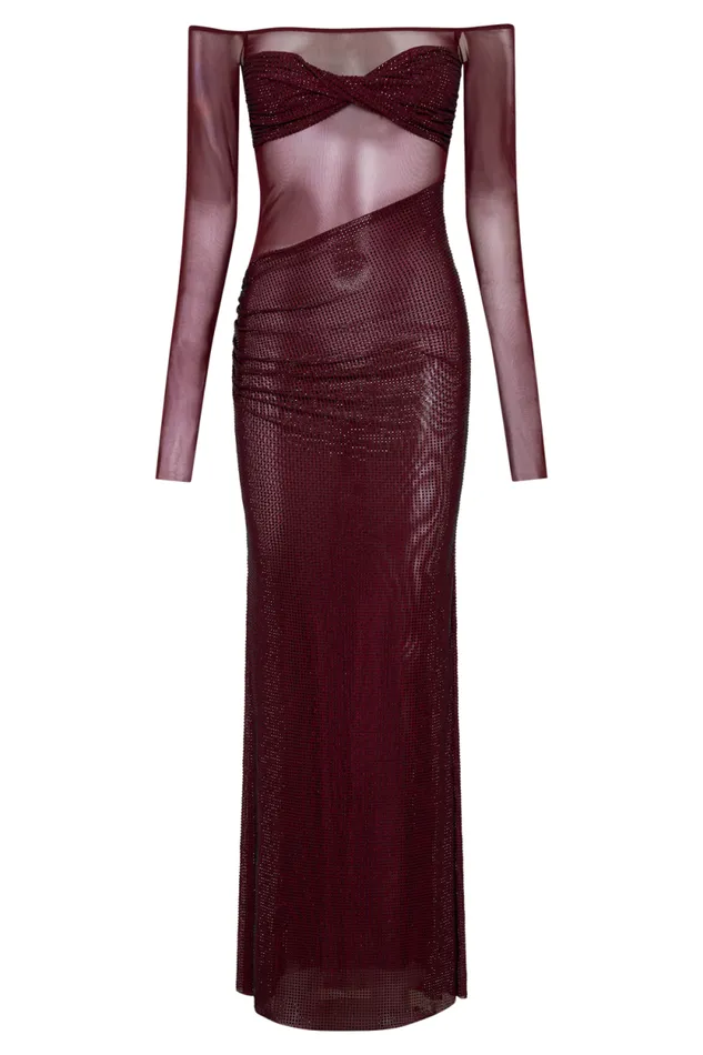 Women Meshki Dresses Nash Diamante Off Shoulder Maxi Dress 8211 Mahogany