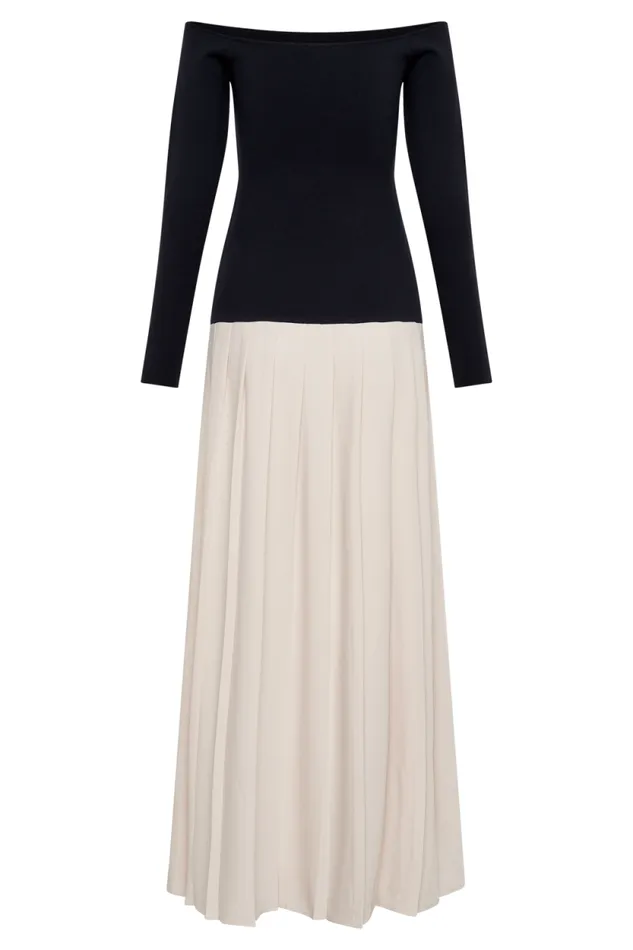 Women Meshki Dresses Presley Contrast Knit Off Shoulder Maxi Dress 8211 Navy And Cream