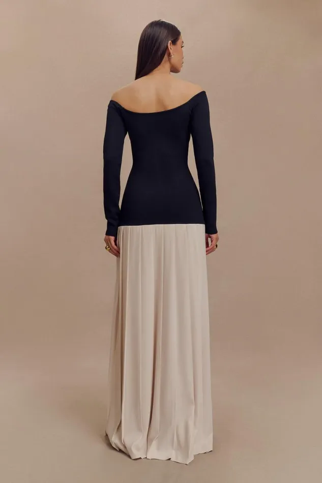 Women Meshki Dresses Presley Contrast Knit Off Shoulder Maxi Dress 8211 Navy And Cream