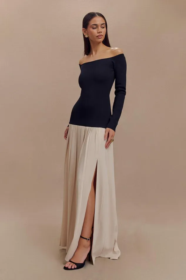 Women Meshki Dresses Presley Contrast Knit Off Shoulder Maxi Dress 8211 Navy And Cream