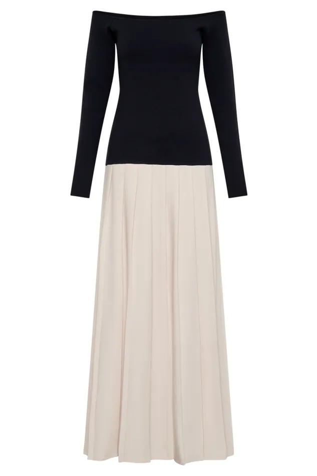 Women Meshki Dresses Presley Contrast Knit Off Shoulder Maxi Dress 8211 Navy And Cream