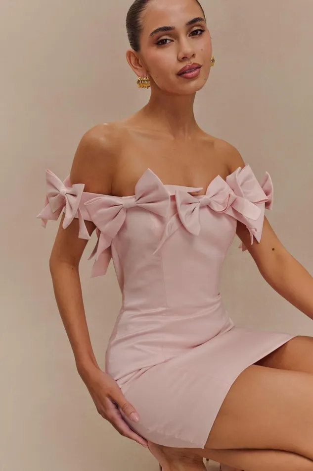 Women Meshki Dresses Rose Strapless Bow Mini Dress 8211 Powder Pink