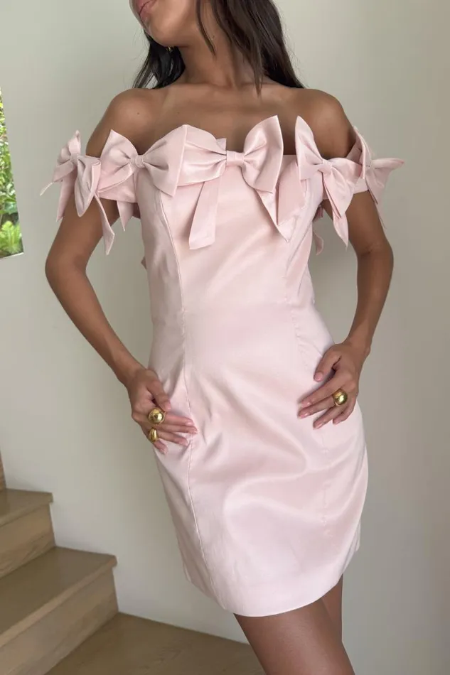 Women Meshki Dresses Rose Strapless Bow Mini Dress 8211 Powder Pink