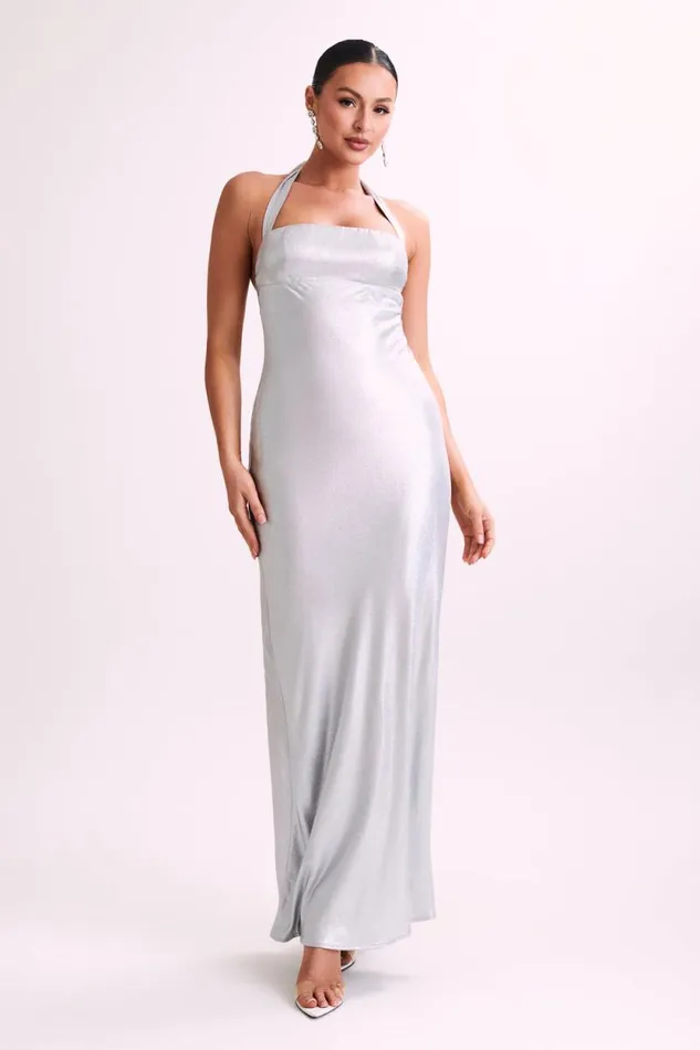 Women Meshki Dresses Sabra Satin Halter Maxi Dress 8211 Silver